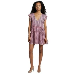 THML Ruffle Tiered Flutter Sleeve Dress with Pom Pom Detail Geometric Print